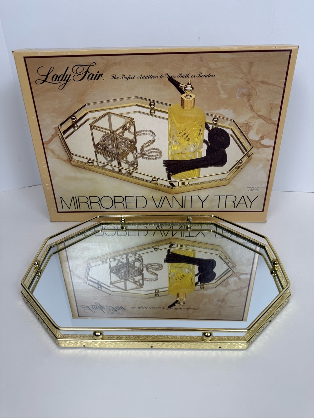 Lady Fair Mirrored Vanity Tray - Brass Finish with Velour Bottom 13” x 9”